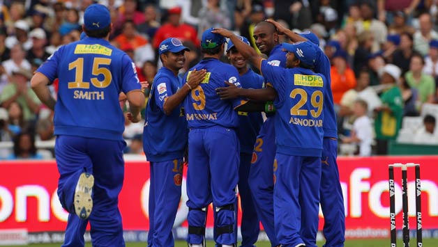 Dimitri-Mascarenhas-(r)-of-Rajasthan-is-congratulated-after-taking-the-wicket-of-Jesse-Ryder-of-Bangalore-during-the-IPL-T20-match-between-Rajasthan-Royals-and-Royal-Challengers-Bangalore