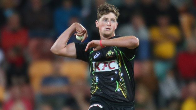James-Muirhead-of-Australia-bowls-during-game-one-of-the-International-Twenty20-series-between-Australia-and-England-at-Blundstone