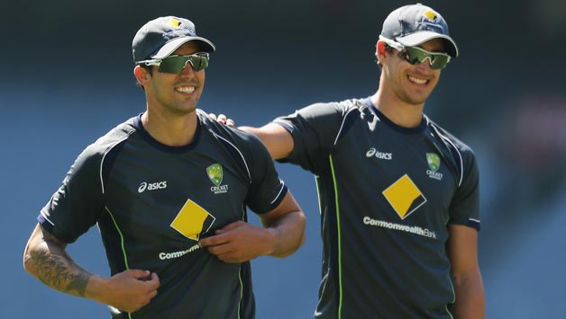 Mitchell Johnson's (right) return in the ICC World T20 2014 squad will boost Australia, says Mitchell Starc © Getty Images 
