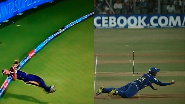 Screengrab of the catches taken by Chris Lynn and Ricky Ponting