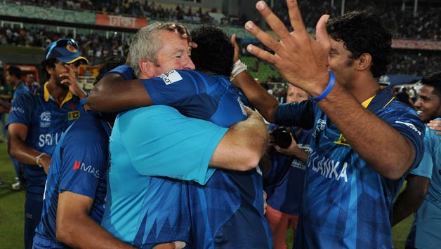 Paul Farbrace with Sri Lankan players after their ICC World T20 2014 win © Getty Images