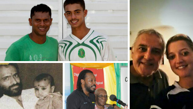 (CLockwise from top left) Shivnarine , Tagenarine Chanderpaul, England women's player Sarah Taylor, Chris Gayle with his father, Rohit Sharma held by his father 