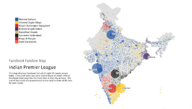 Facebook's IPL fandom map showing the eight team's fan bases; courtesy: Facebook
