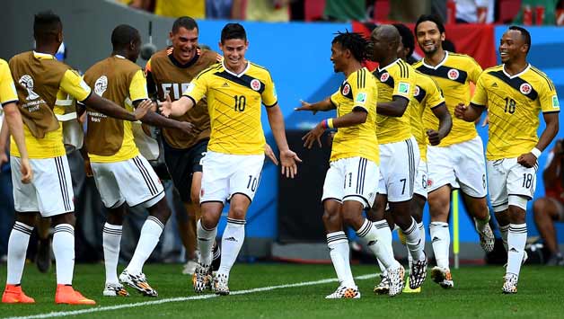 James Rodriguez (jersey No 10) scored the first goal for Columbia © Getty Images