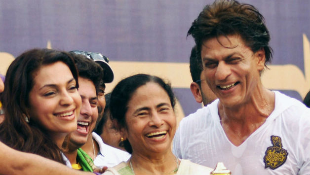 (From Left) Juhi Chawla, Mamata Banerjee and Shahrukh Khan celebrate Kolkata Knight Riders' IPL 2014 victory at the Eden Gardens © PTI