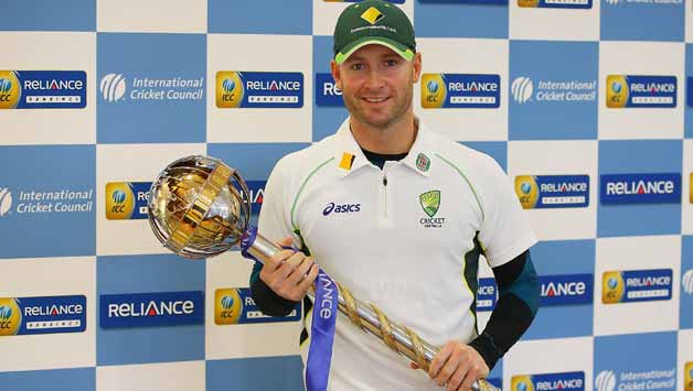Michael Clarke with the ICC Test Mace in Dubai © Getty Images