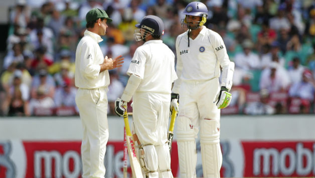 Australian captain Ricky Ponting (left) with Sachin Tendulkar (centre) and Harbhajan Singh in a discussion during the infamous Sydney Test in 2008 © Getty Images