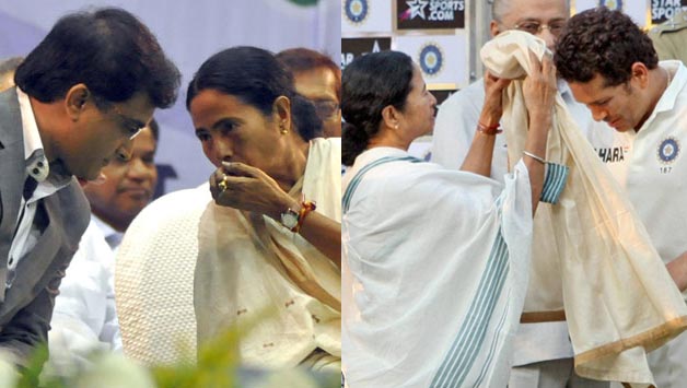Mamata Banerjee, before the accusation. Left: In conversation with Sourav Ganguly. Right: Felicitating Sachin Tendulkar. © Getty Images