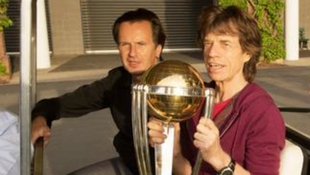 Mick Jagger (left) and drummer Charlie Watts took time off from their busy schedule to visit the Bradman Museum and were also shown the ICC 2015 World Cup trophy. Photo courtesy - ICC Twitter handle