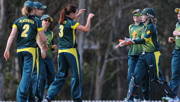 Opener Hayley Matthews combined well with Taylor for a 74-run partnership before being caught out at long off by Megan Schutt (third from left) © Getty Images (File Photo)