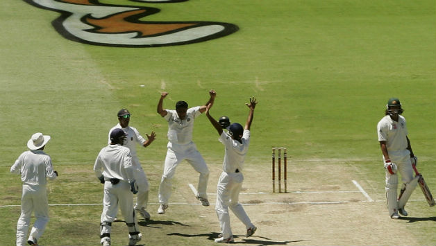 Anil Kumble (Third from right) is jubilant after he gets rid of Andrew Symonds cheaply © Getty Images