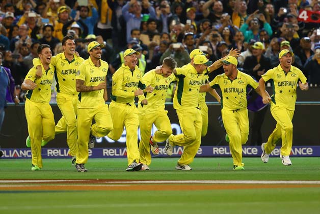 The Australian team rushes out to celebrate the World Cup triumph © Getty Images