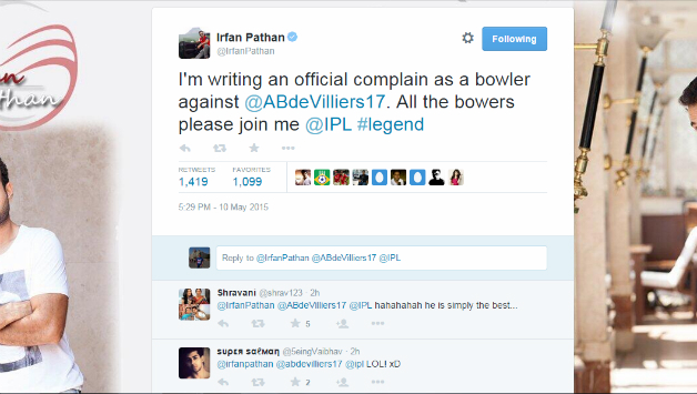 Irfan Pathan, today officially lodged a complaint against AB de Villiers on his Twitter handle © Irfan Pathan official Twitter handle