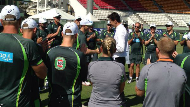 Adam Voges (center left) being handed his Baggy Green by Brendon Julien (center right) Picture Courtesy: Cricket Australia