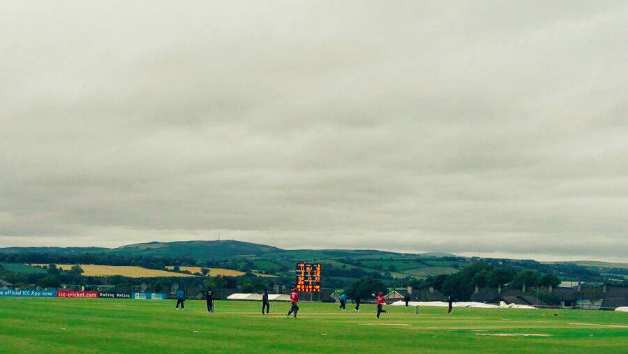 Action from Jersey's debut ICC World twenty20 match, and win, against Hong Kong at Bready. Photo Courtesy ICC's Twitter handle