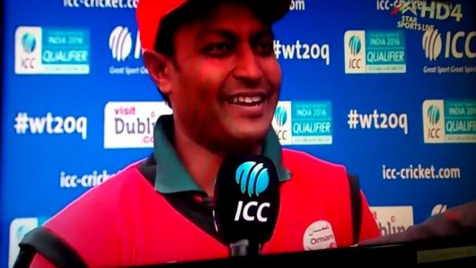 Sultan Ahmed smiling at the post-match presentation after their historic win against Namibia in the ICC World T20 Qualifier 2015. Photo Courtesy YouTube grab