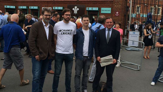 Director and writer Sam Collins and Jarrod Kimber with British MP Damian Collins. Photo Courtesy: Death of a Gentleman Facebook page
