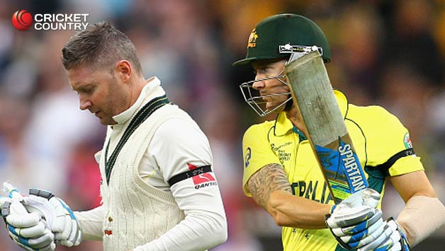 Michael Clarke with the black arm band for Phil Hughes in his final Test (left), and in the ICC Cricket World Cup 2015 final © Getty Images