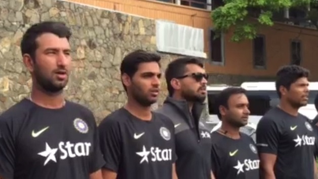Indian team members singing the national anthem. Photo Courtesy: Twitter screengrab