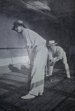 Warner bats on the deck. Notice the low roof. Photo from: ‘How we Recovered The Ashes’ by PF Warner.