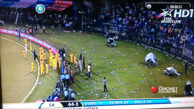 Bottles lie strewn around at the Baramati Stadium in Cuttack during the 2nd T20I between India and South Africa. Photo Courtesy: Star Sports via screengrab