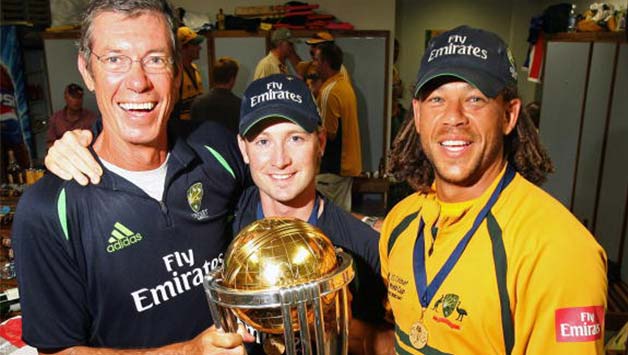 During happier times (from left)... John Buchanan, Michael Clarke and Andrew Symonds after their win in ICC Cricket World Cup 2007 © Getty Images
