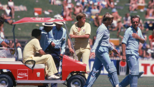  Drinks break, Day Three, last SuperTest on Australian soil between WSC Australia and WSC World XI; the hosts lost the match by 5 wickets inside three days thanks to Barry Richards, Mike Procter, and Garth le Roux, three men who played a mere 11 Tests between them