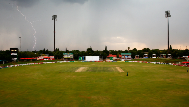 Senwes Park Potchefstroom under overcast skies and lightning on Day Three of England XI's tour game against South African Invitational XI © Getty Images