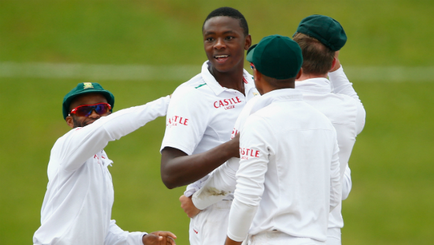 Kagiso Rabada (2nd from left) celebrates after taking the wicket of Jonny Bairstow © Getty Images