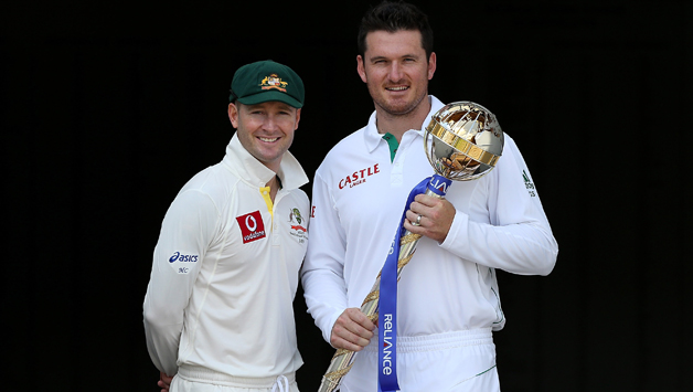 Michael Clarke and Graeme Smith pose with the ICC Test championship mace in 2012. They both have held the position for brief period of time © Getty Images