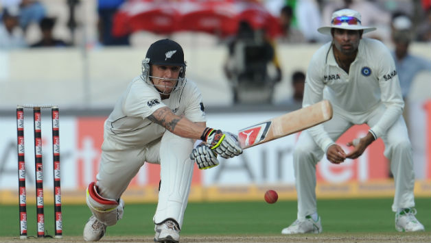 Brendon McCullum bats at Hyderabad in the second Test, during New Zealand's tour on India in 2010 © AFP