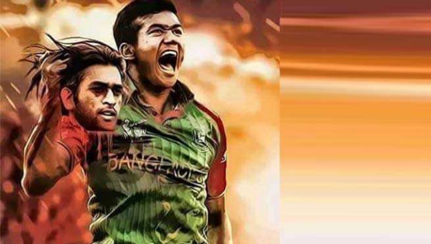 Taskin Ahmed celebrating with MS Dhoni’s decapitated head © Twitter