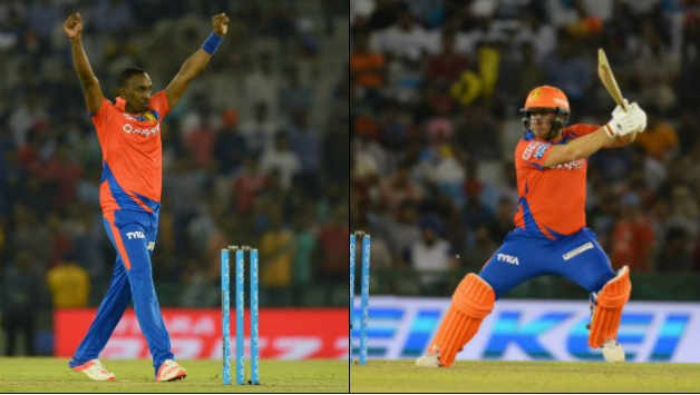 Dwayne Bravo and Aaron Finch. Photo Courtesy: Gujarat Lions's Twitter
