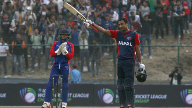 Paras Khadka acknowledges the crowd after his century © Twitter (The Kathmandu Post)