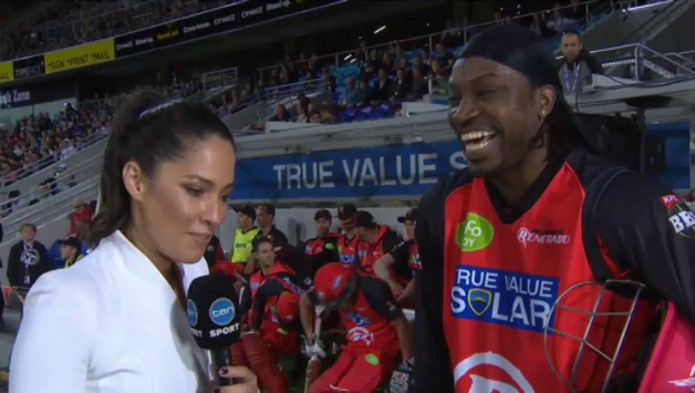 Chris Gayle (right) came under fire for asking Australian broadcaster Mel McLaughlin out on a date in a live television interview during a Big Bash Twenty20 game in January © Ten Sport screenshot