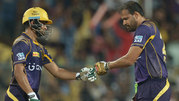 Shakib Al Hasan (left) and Yusuf Pathan put up a record fifth wicket stand of 134 for KKR © AFP