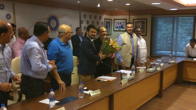 Anurag Thakur being congratulated by the board members. Picture Courtesy: BCCI twitter handle