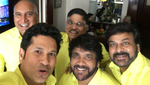 (Front row, right to left) Sachin Tendulkar, Nagarjuna, and Chiranjivi are the new co-owners of Kerala Blasters. Photo Courtesy: Sachin Tendulkar on Twitter