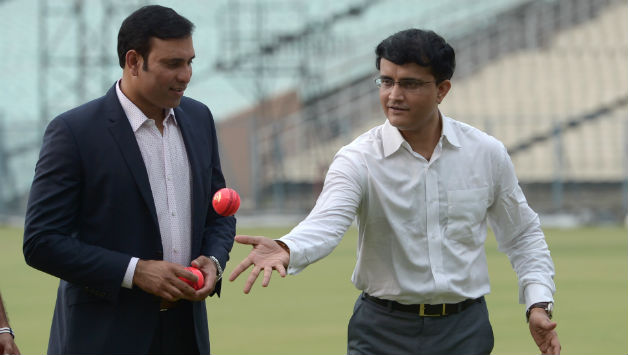 VVS Laxman (left) with Sourav Ganguly ahead of the first-ever pink-ball cricket match in India © AFP