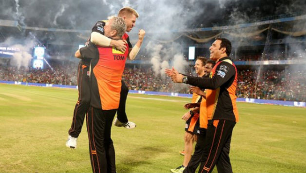 David Warner, Tom Moody and VVS Laxman celebrate SRH's maiden IPL victory. Photo courtesy: IPL's twitter handle
