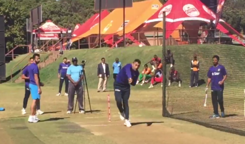 MS Dhoni bowling in the nets Photo Courtesry BCCI twitter handle.