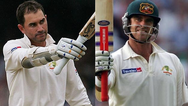 Justin Langer (left) and Matthew Hayden celebrate their hundreds © Getty Images