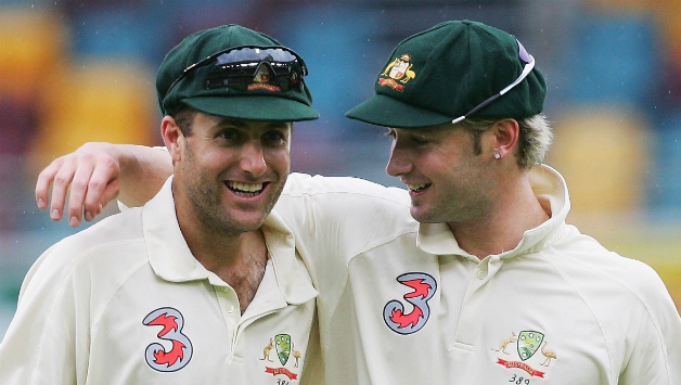 Simon Katich (left) famously grabbed Michael Clarke by the collar in the SCG dressing room, over a disagreement over when the team song would be sung © Getty Images (File Photo)