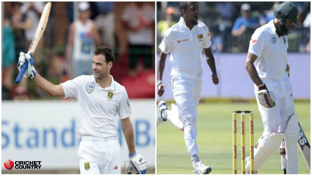 Stephen Cook celebrates 100 (l) and Hashim Amla (r) becomes 10,00th club member © AFP