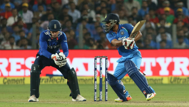 Kedar Jadhav plays a shot during the 1st ODI against England © IANS