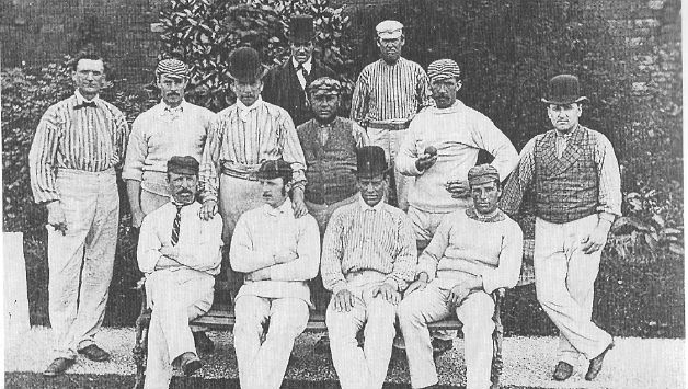 The Yorkshire team that played Surrey at Bramall Lane in 1875. Photo courtesy: Wikimedia Commons. Back, from left: G Martin (umpire), John Thewlis. Middle, from left: George Pinder, George Ulyett, Tom Armitage, Joseph Rowbotham (c), Allen Hill, Andrew Greenwood. Front, from left: Tom Emmett, John Hicks, Ephraim Lockwood, Charlie Ullathorne.