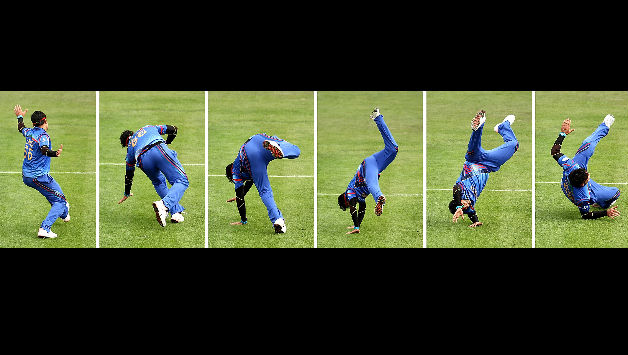 Composite of Hamid Hassan's cartwheel celebration after taking the wicket Kumar Sangakkara © Getty Images