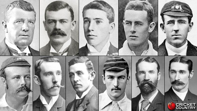 Top row: Monty Noble (c), Joe Darling, Clem Hill, Victor Trumper, Vernon Ransford Bottom row: Billy Murdoch, Hugh Trumble, Charlie Turner, JJ Ferris, Jack Blackham (wk), Fred Spofforth
