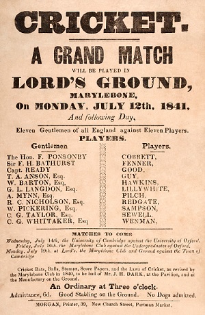 Handbill for Gentlemen vs Players at Lord’s, 1841, a match that was possible only due to subscription raised by Frederick Ponsonby © Getty Images