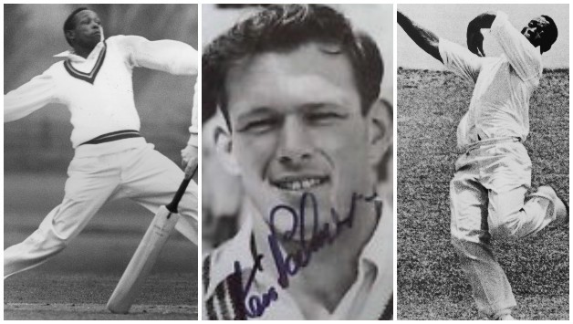 Ken Palmer (centre; photo courtesy: eBay) went out of the box against Roy Gilchrist (left) and Wes Hall (right) © Getty Images